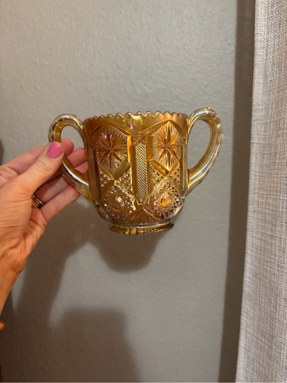 Amber Carnival Glass Two-Handled Decorative Bowl